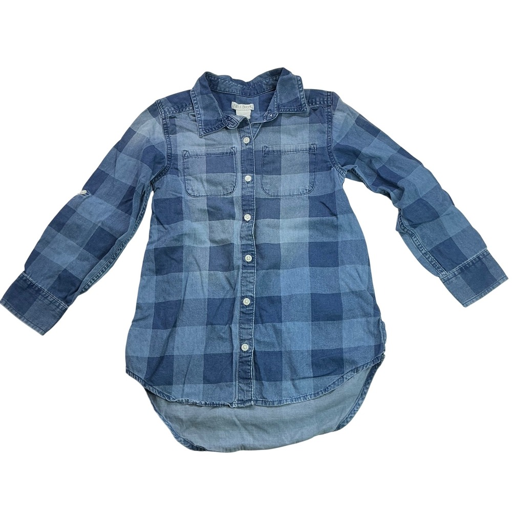 Falls Creek Blue Plaid Button Down Shirt Kids Size S 6/6X Roll Tab Sleeve
